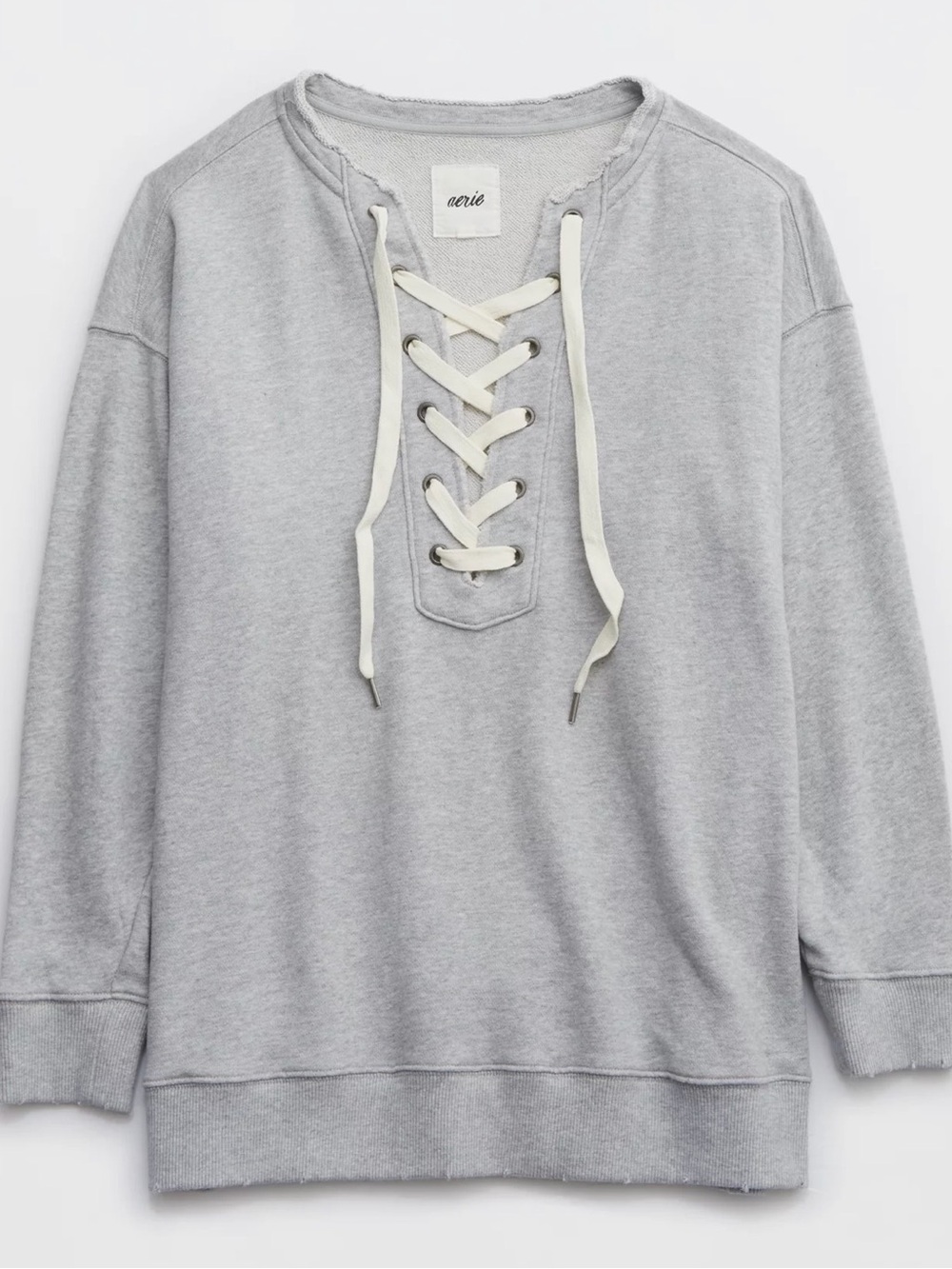 aerie Gray Lace-Up Crewneck Sweatshirt with Cream Laces
